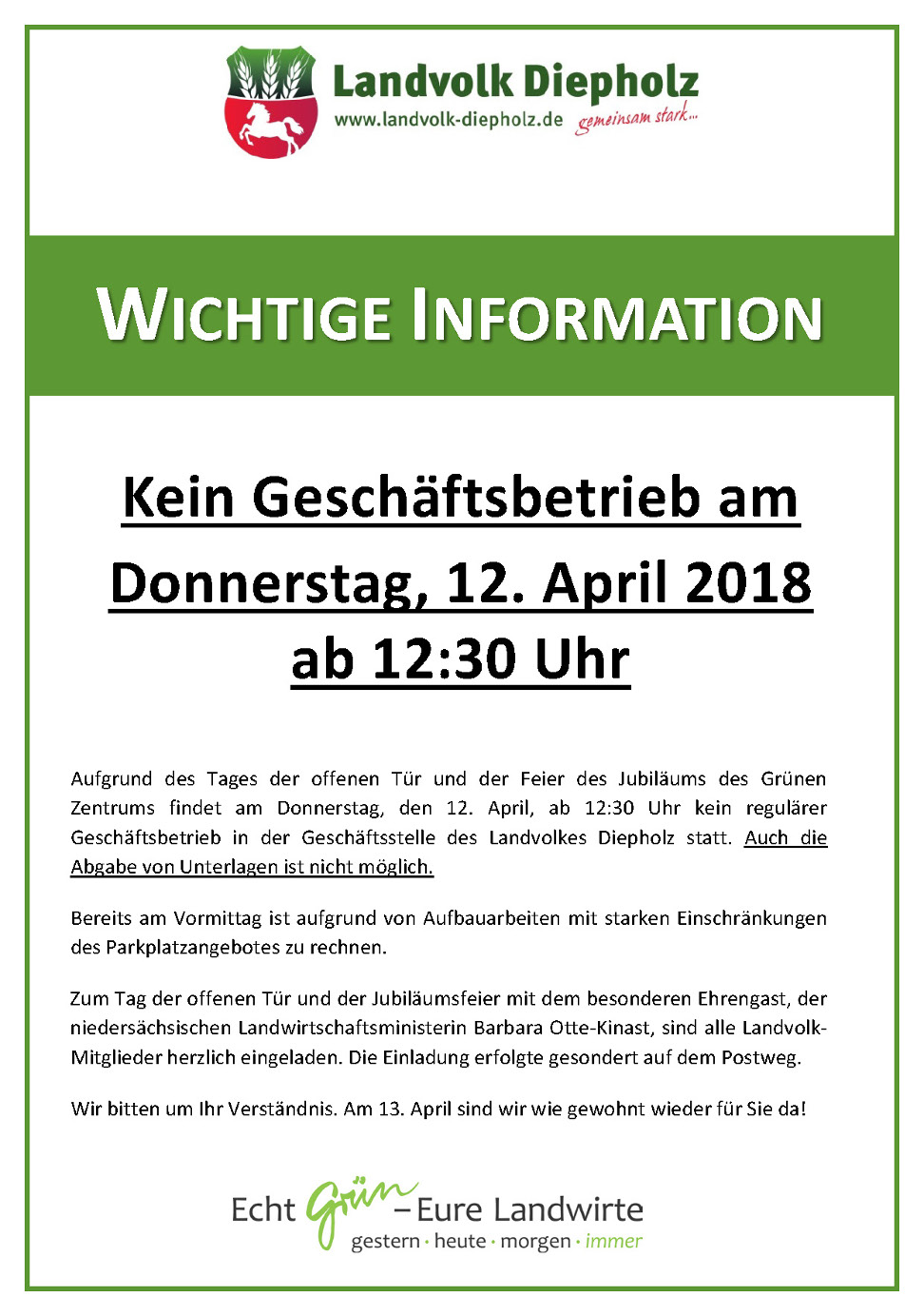 Regulärer Geschäftsbetrieb endet früher