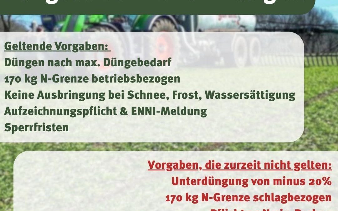 Die Vorgaben zu den Roten Gebieten sind aufgehoben, die gute fachliche Praxis und die allgemeinen Vorgaben der Düngevero…